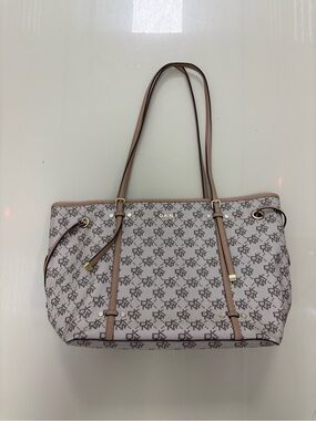 DKNY Beige Logo Tote with Tan Trim and Gold Hardware